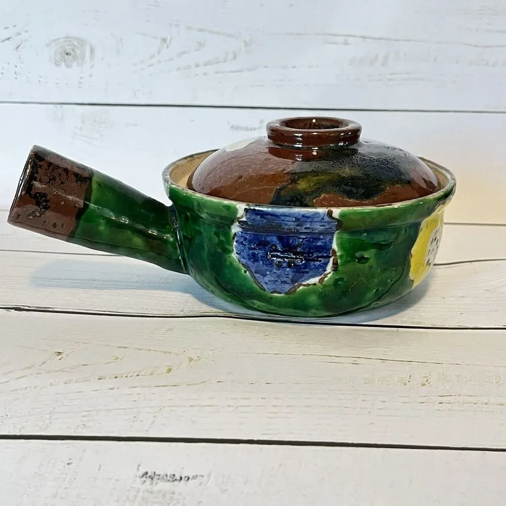 Mexican Lidded Handled Sopera Pottery Bowl Glazed Greens Browns Cream Handmade